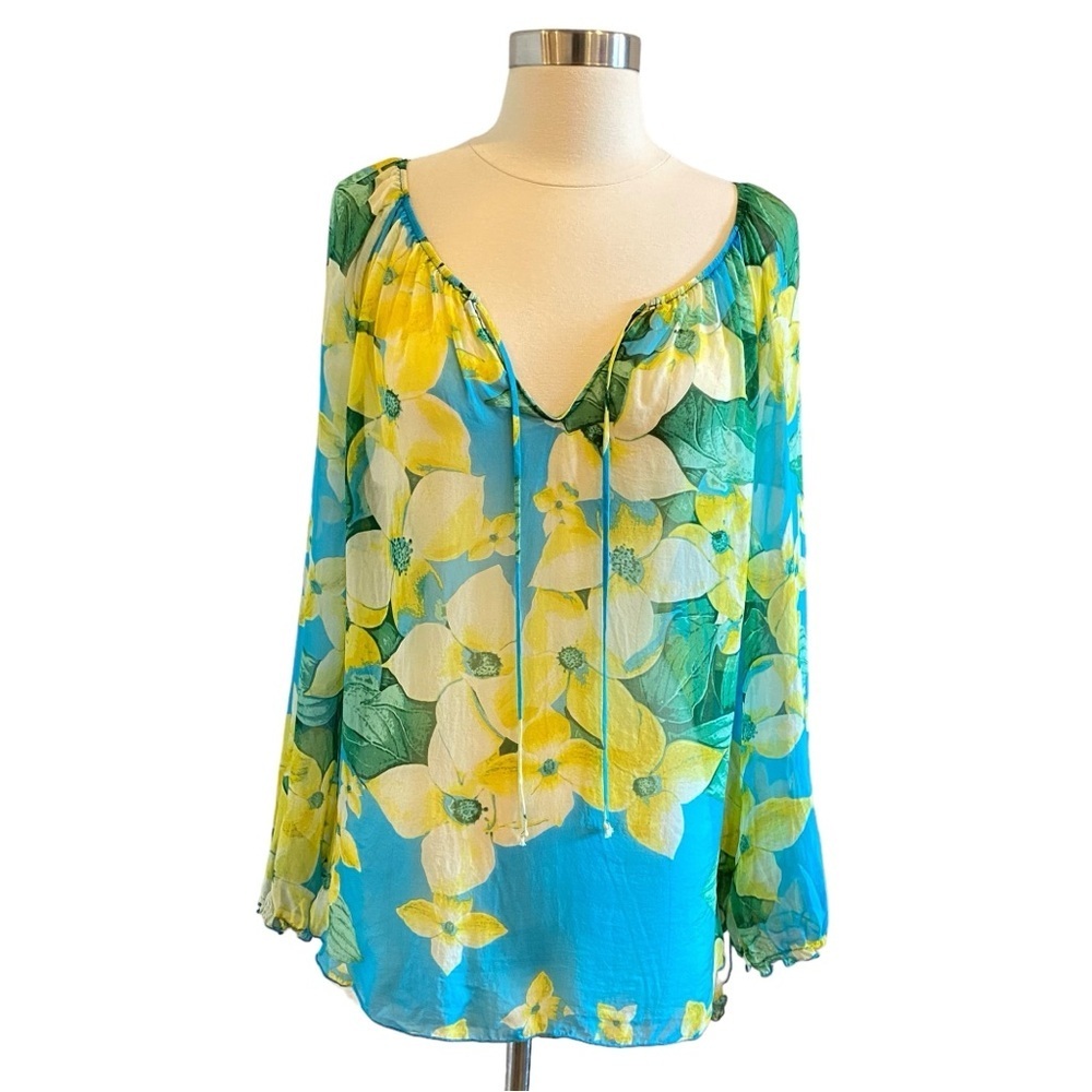 Silk Floral Hawaiian Printed Sheer Long Sleeeve Lightweight Blouse Tie Front - Picture 1 of 13